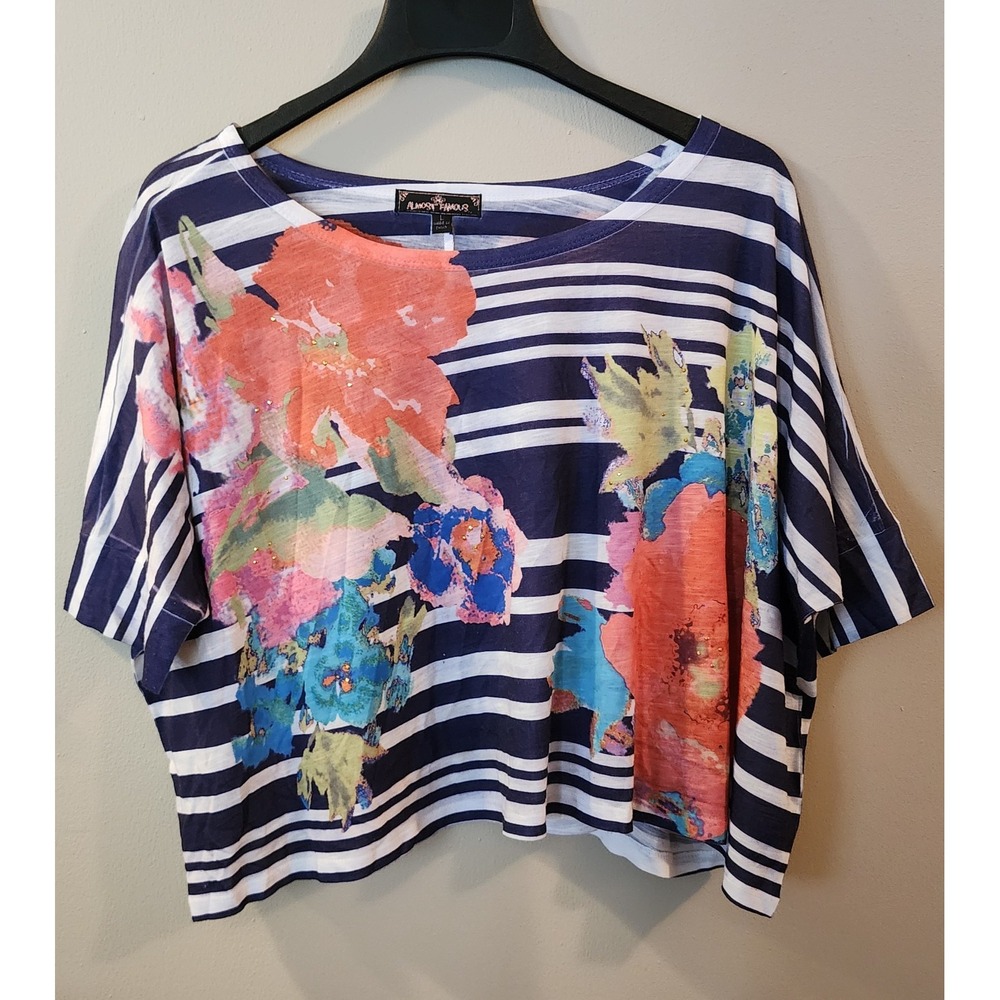 Almost Famous Top Womens L Navy Stripe Watercolor Floral Dolman Batwing Shirt